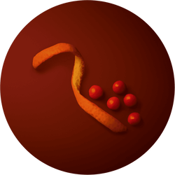 A minimalist composition featuring a curved orange peel alongside six red berries, set against a circular brown background.