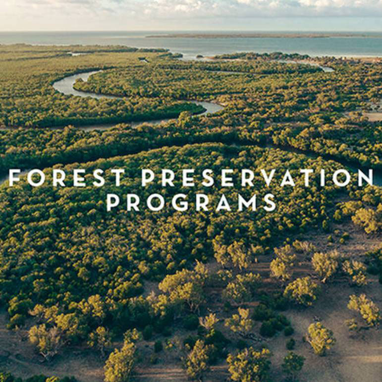 Aerial view of a lush, green forest with a winding river, accompanied by the text "FOREST PRESERVATION PROGRAMS."