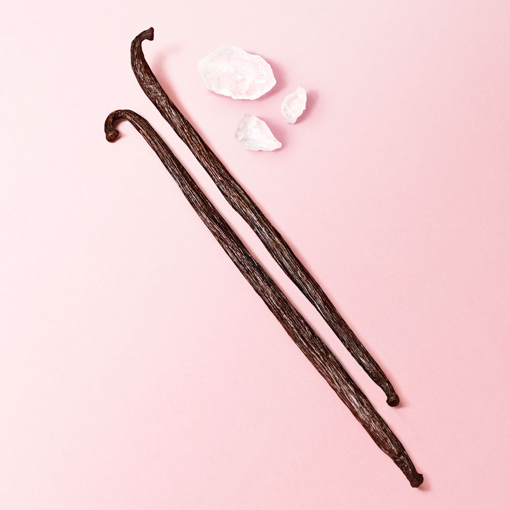 Two dark brown vanilla bean pods and a few small pieces of rock salt arranged on a light pink background.
