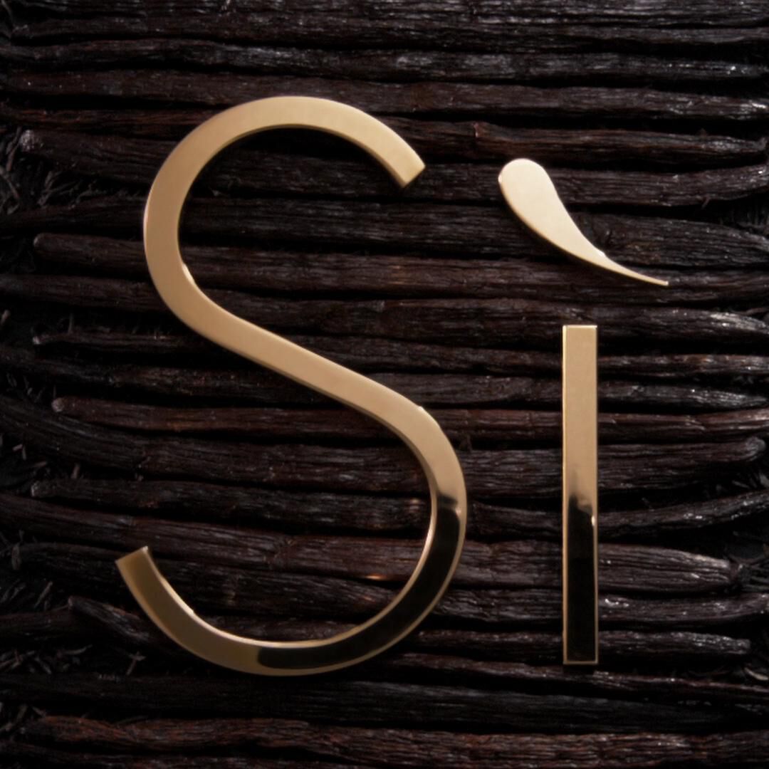 Gouden 'Si' logo op een achtergrond van donkere, gestructureerde hout.
