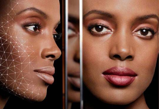 A close-up of a woman's face split into two halves: one side showcases a geometric pattern overlay, while the other highlights her natural beauty with smooth skin and defined features.