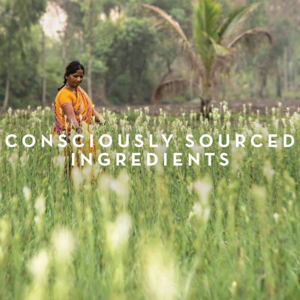 A woman in a colorful sari is standing in a lush green field, surrounded by tall plants, with trees visible in the background. The text "CONSCIOUSLY SOURCED INGREDIENTS" is overlaid at the bottom of the image.