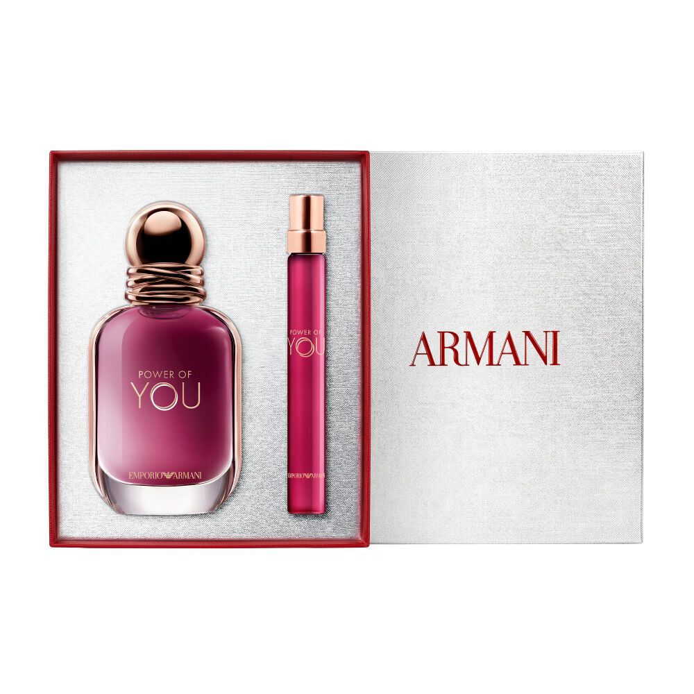 Power of You Eau de Parfum 30ml and 10ml in signature ruby bottles alongside a white Armani gift box — women's floral fragrance gift set.
