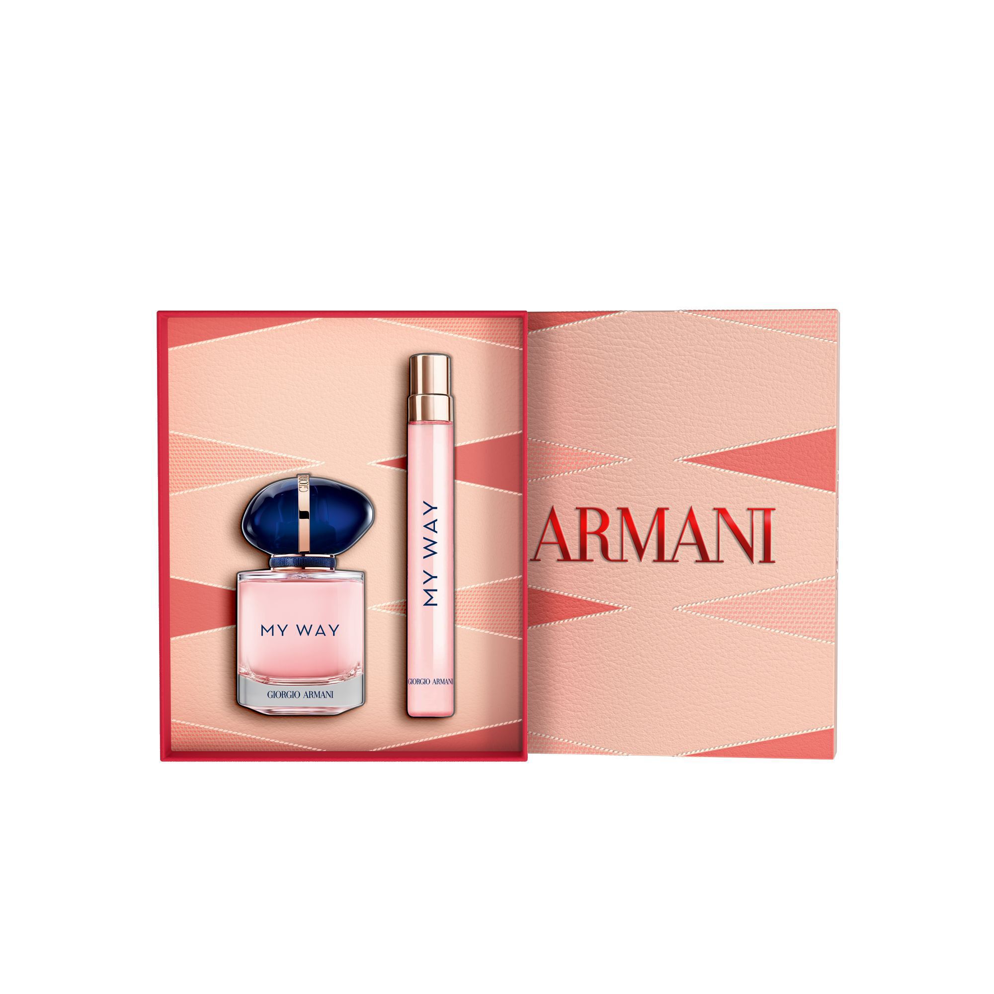 Giorgio Armani My Way Eau de Parfum 30ml en 10ml flessen en open de Moederdag-cadeaudoos op een witte achtergrond.