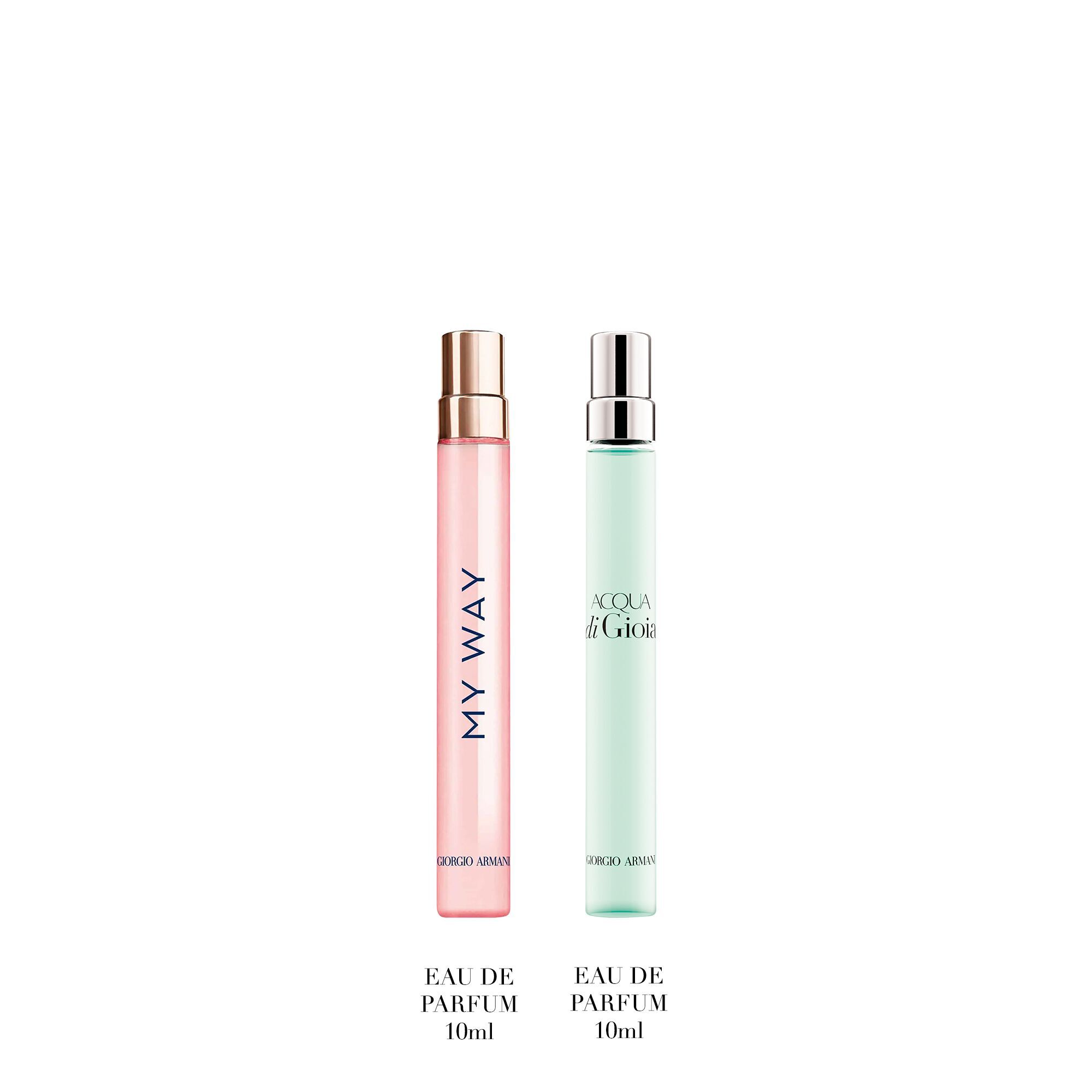 Giorgio Armani Si Eau de Parfum 50ml and 10ml perfume on a white background.