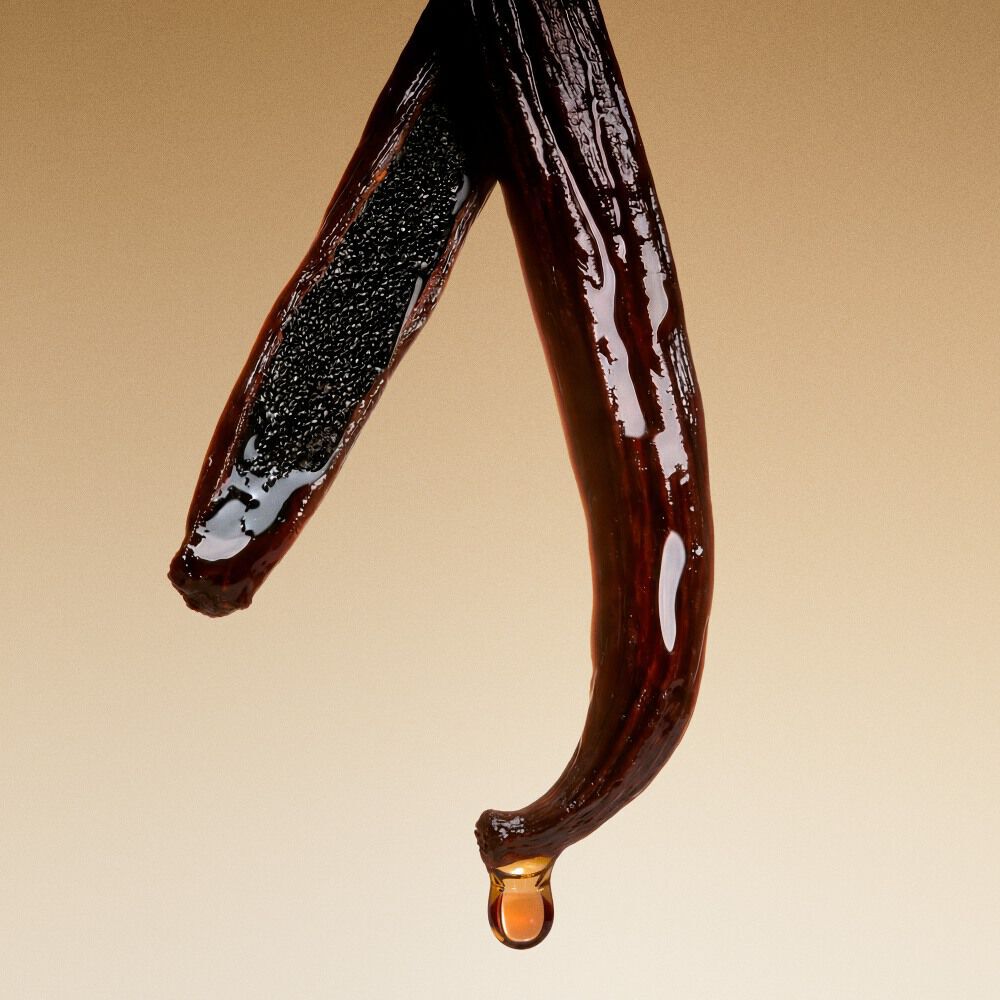 Bourbon-vanillepods met een warme gouden druppel.
