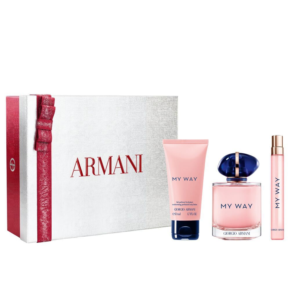 My Way Eau de Parfum 90ml geur, 10ml fles en 50ml geparfumeerde bodylotion in een open witte Armani cadeaudoos met een rood lint — dames bloemengeur-cadeauset.