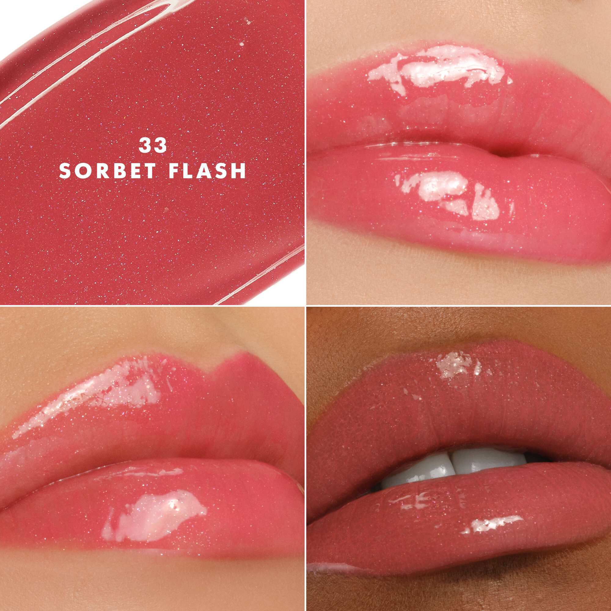 Armani Prisma Flash 33 Sorbet Flash lippenstift op verschillende huidtinten, waardoor een lichtgevende roze glans wordt benadrukt.