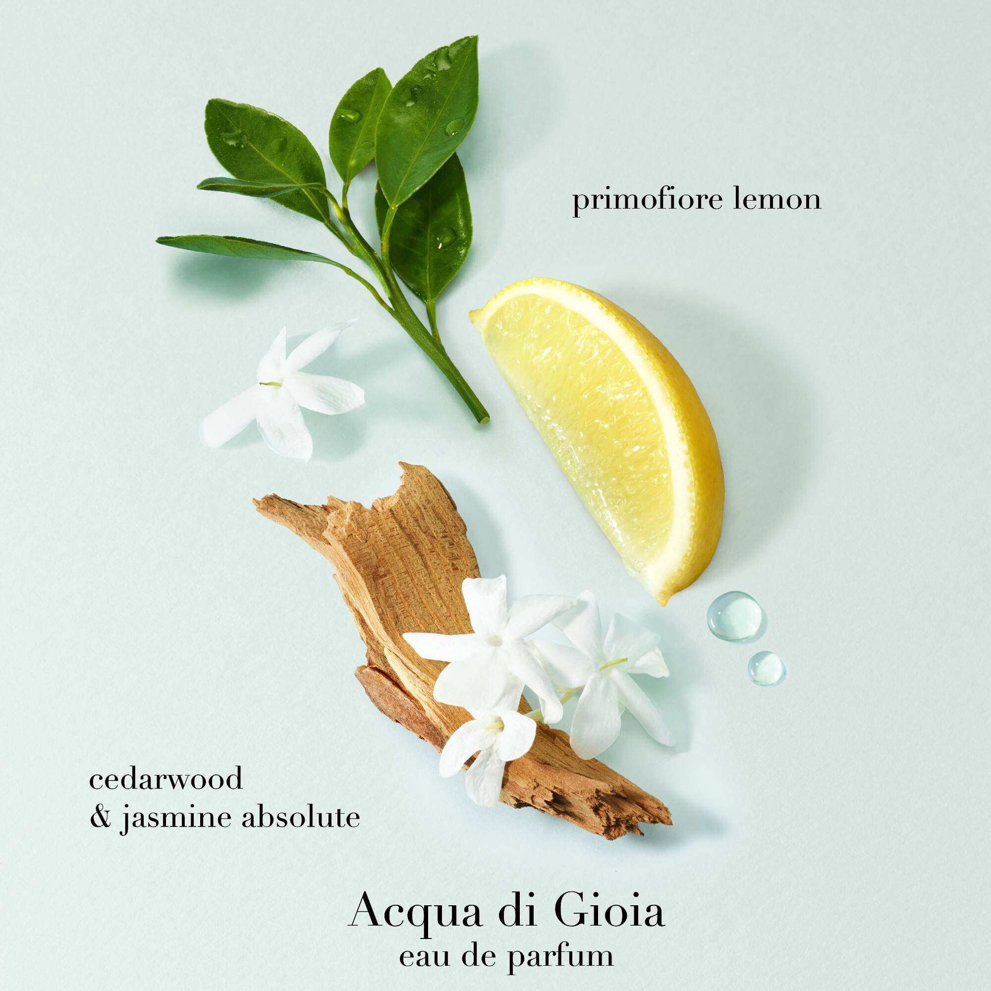 Acqua di Gioia Eau de Parfum with notes of primofiore lemon, cedarwood, and jasmine absolute, surrounded by fresh ingredients on a pale blue background.