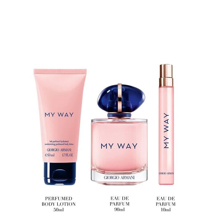 Giorgio Armani My Way Eau de Parfum 90ml, Eau de Parfum 10ml en PERFUMED BODY LOTION 50ml op een witte achtergrond.