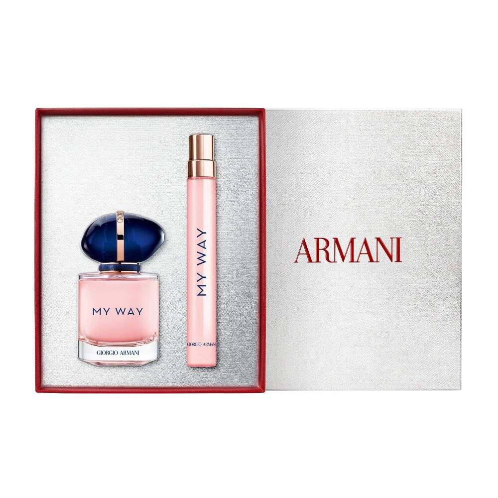 My Way Eau de Parfum 30ml en 10ml in kenmerkende blauwe flessen naast een witte Armani cadeaudoos — een bloemengeurset voor dames.
