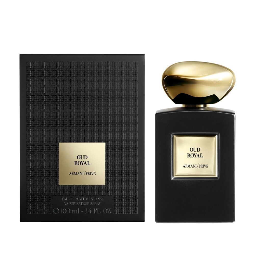 Armani/Prive Oud Royal: elegante zwarte en gouden fles met luxueuze verpakking, die de verfijning van de geur weerspiegelt.