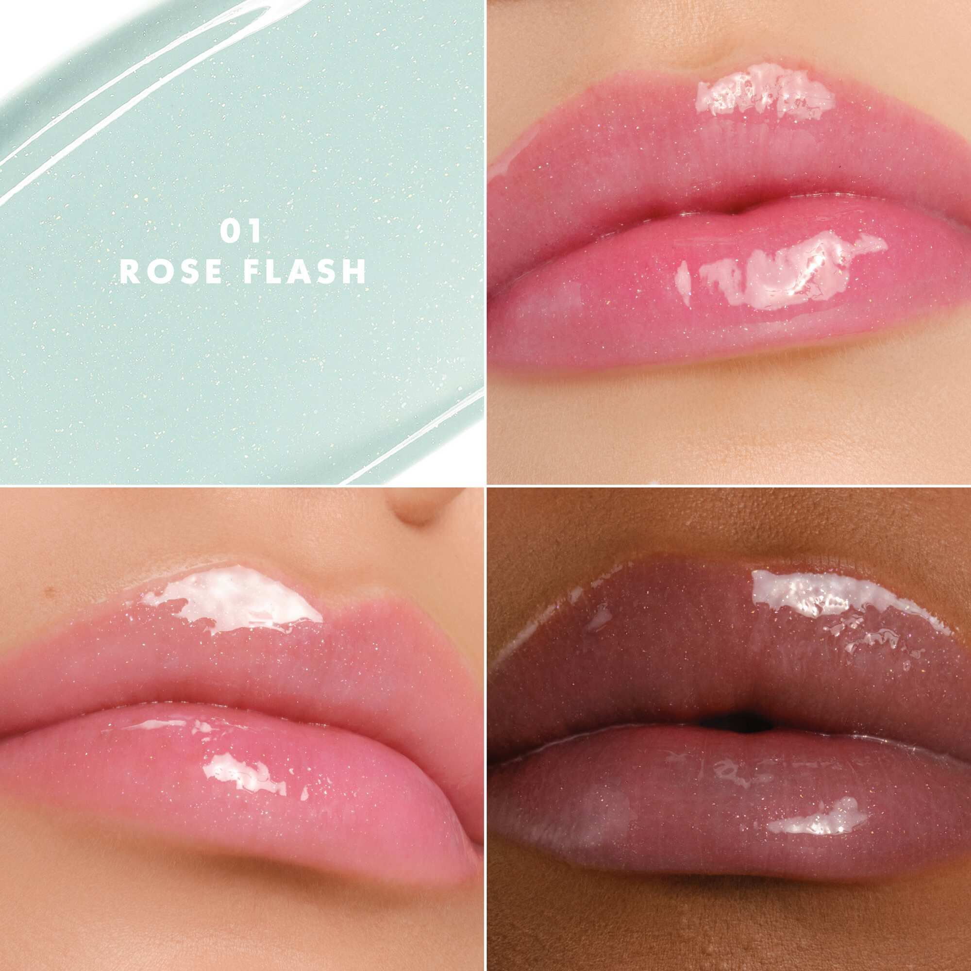 Armani Prisma Flash 01 Rose Flash lippenstift op verschillende huidtinten, waardoor een lichtgevende roze glans wordt benadrukt.