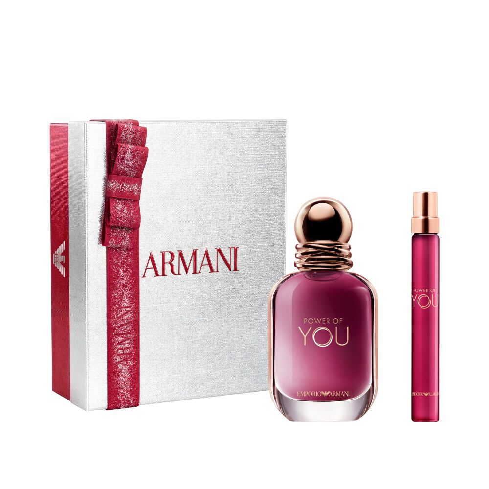 Power of You Eau de Parfum 30ml and 10ml in a sleek ruby bottle duo, nestled in an open white Armani gift box with red ribbon — women's floral fragrance gift set.