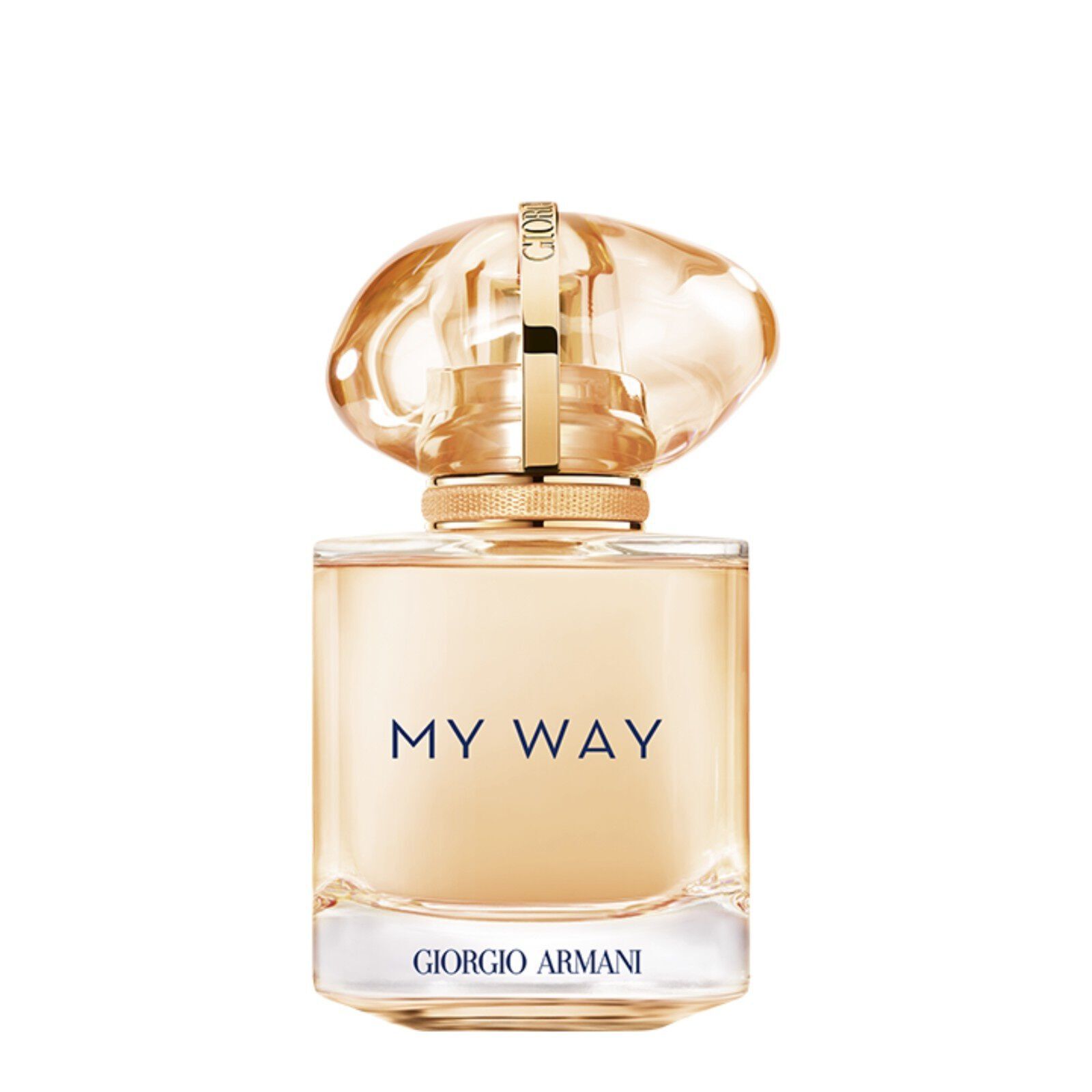 Giorgio Armani My Way Sunny Vanilla 30ml parfumfles op een roze witte achtergrond.
