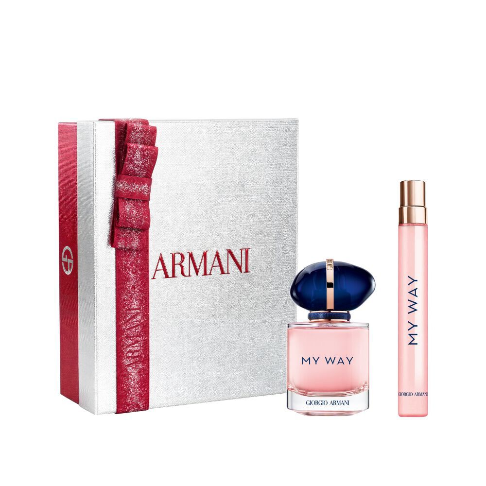 My Way Eau de Parfum 30ml en 10 ml in een strak blauw flesje duo, genesteld in een open witte Armani cadeaudoos met rood lint — dames bloemengeur-cadeauset.