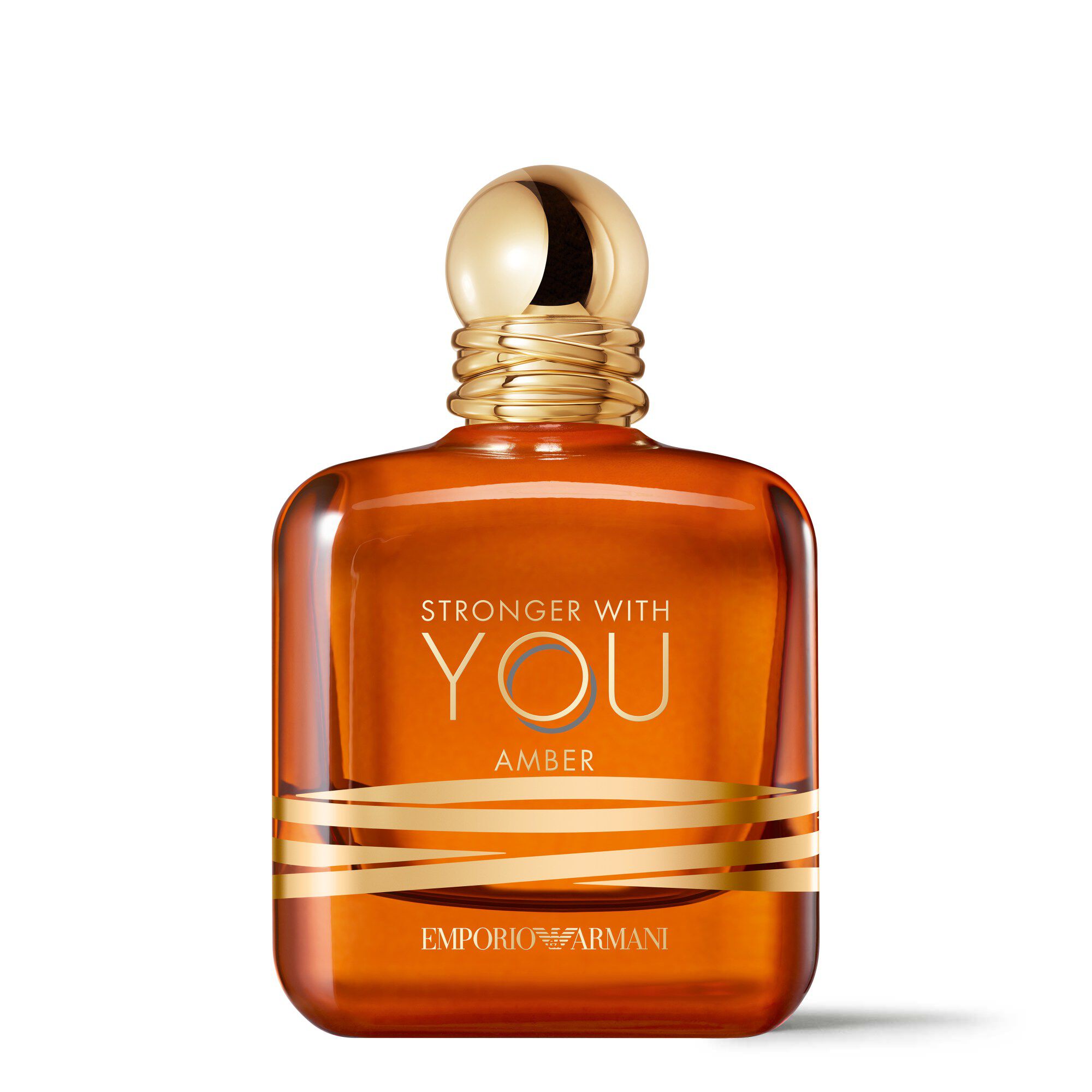 Emporio Armani Stronger With You Amber parfumfles met gouden dop tegen witte achtergrond