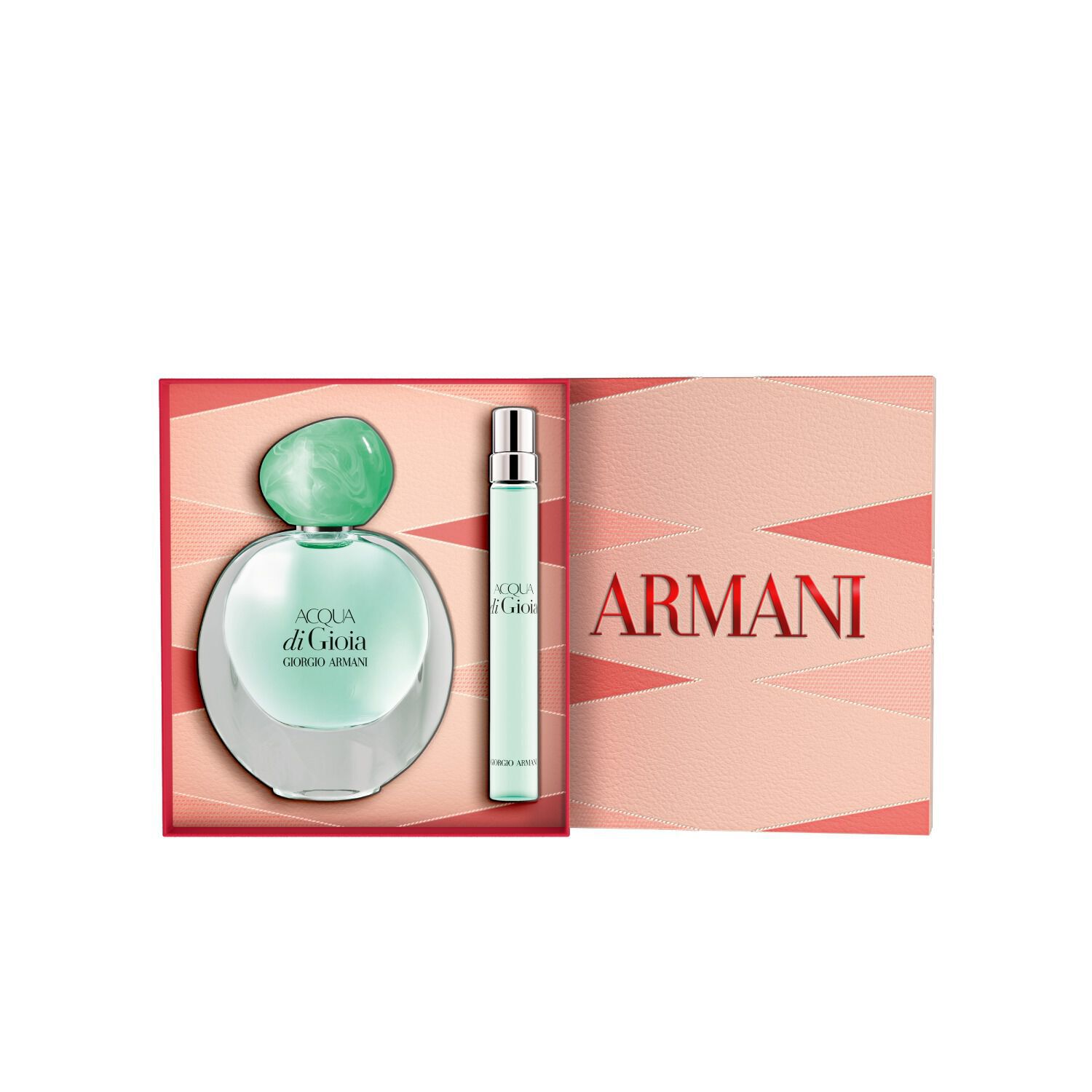ACQUA DI GIOIA EAU DE PARFUM 30ml en ACQUA DI GIOIA EAU DE PARFUM 10ml flessen en open Moederdagcadeaudoos op een witte achtergrond.