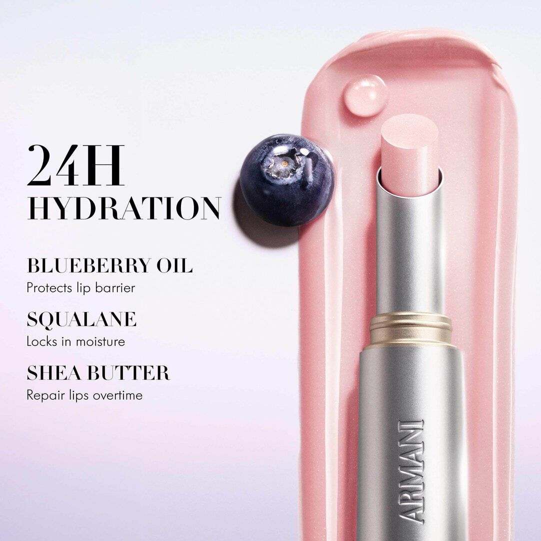 Armani Prisma Flash lippenstift met 24H hydratatieclaim, met ingredienten voor bosbessenolie, squalane en sheaboter.