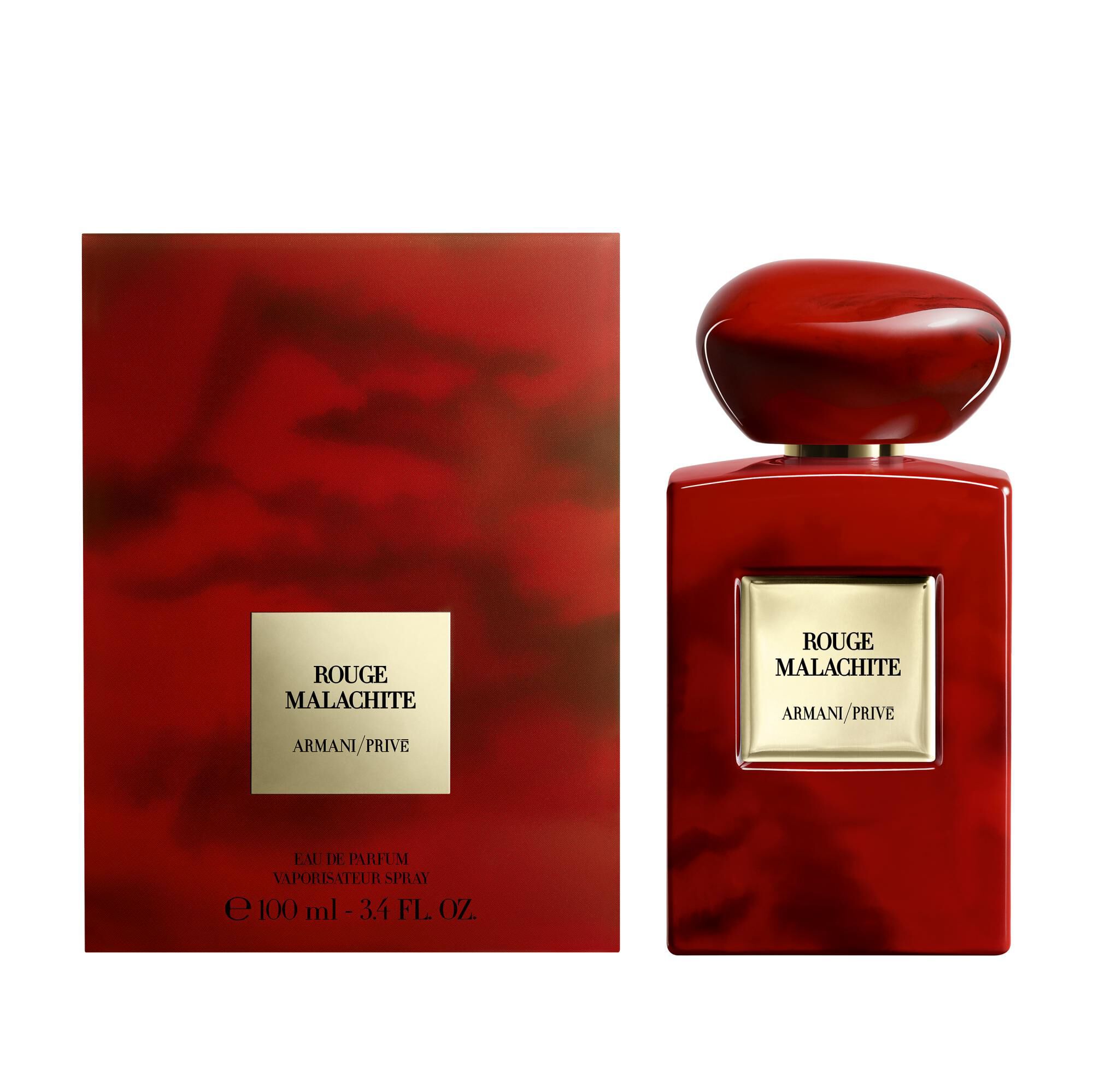 Armani/Prive Rouge Malachite: luxueuze rode fles en verpakking, die de gedurfde elegantie en artistieke stijl van de geur benadrukt.