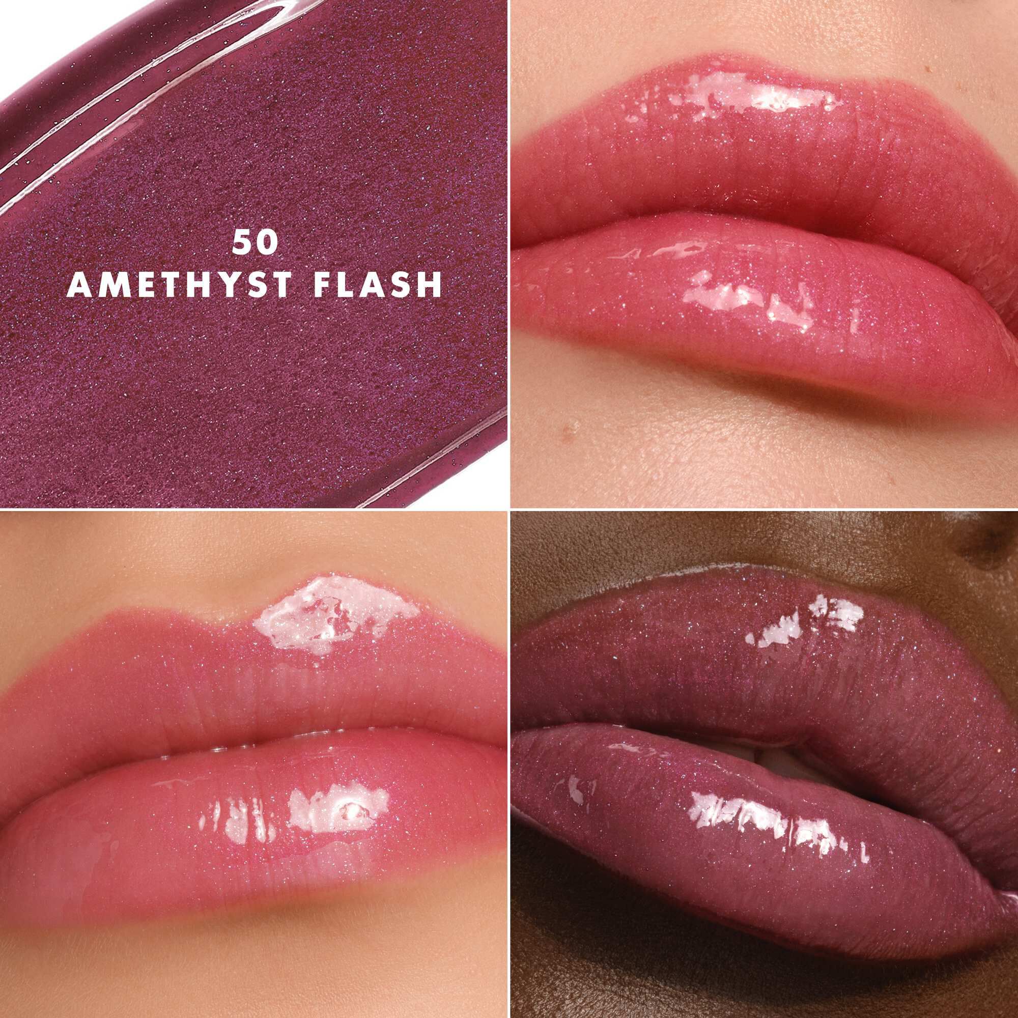 Armani Prisma Flash 50 Amethyst Flash lippenstift op verschillende huidtinten, waardoor een lichtgevende roze glans wordt benadrukt.