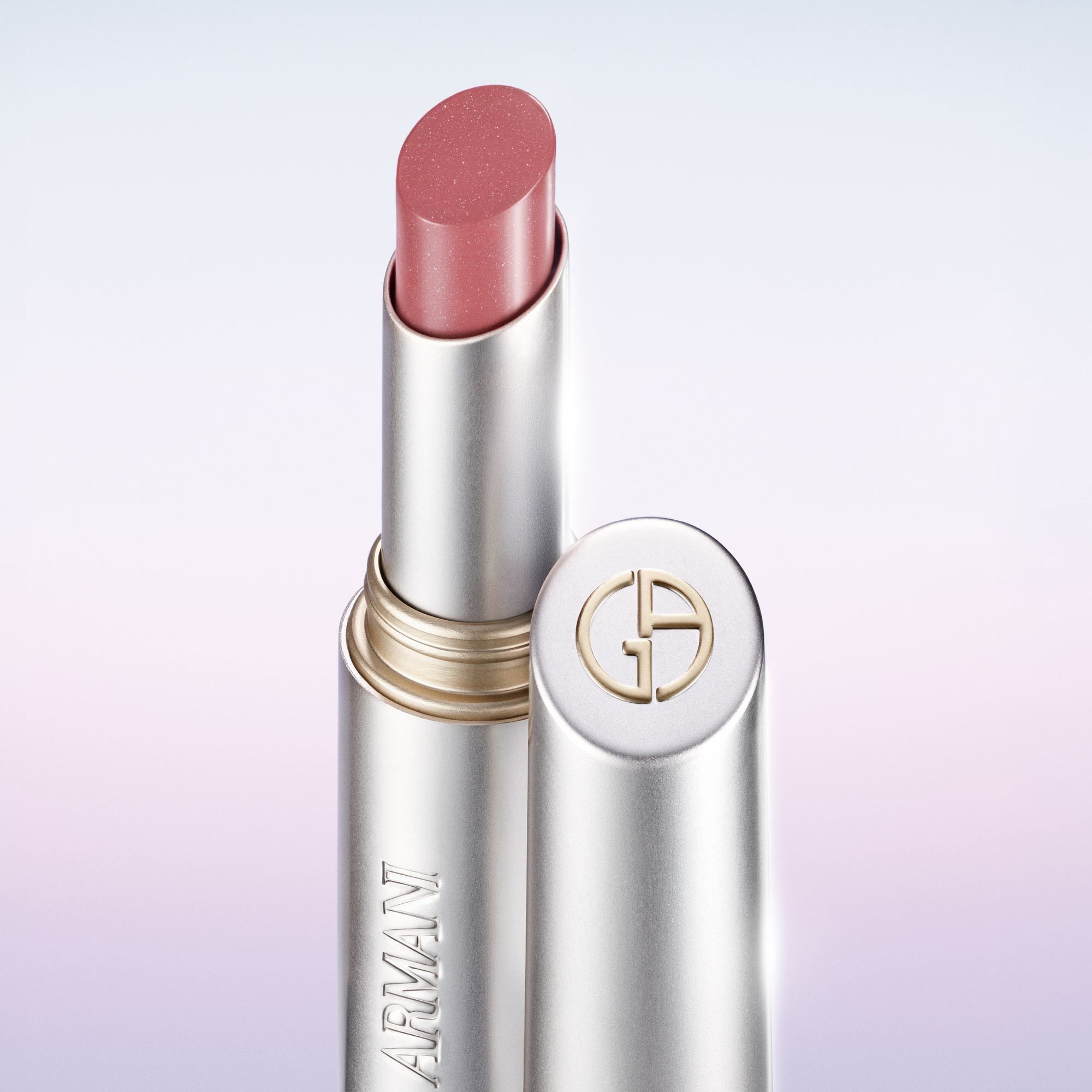 Armani Prisma Flash lippenstift in mintkleur, met zilveren tube en GA logo.