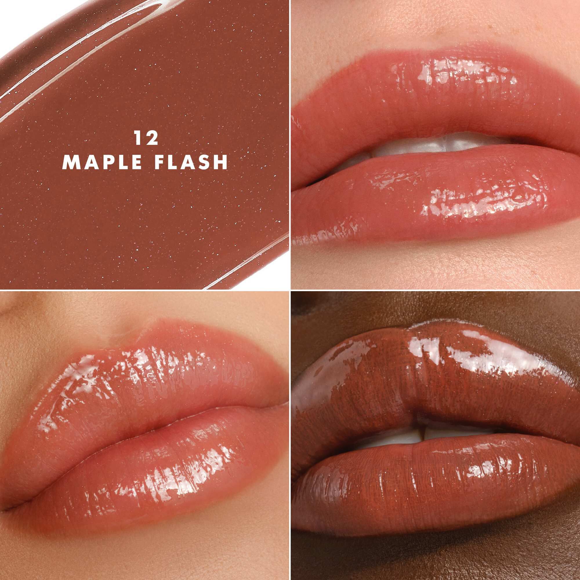Armani Prisma Flash 12 Maple Flash lippenstift op verschillende huidtinten, waardoor een lichtgevende roze glans wordt benadrukt.