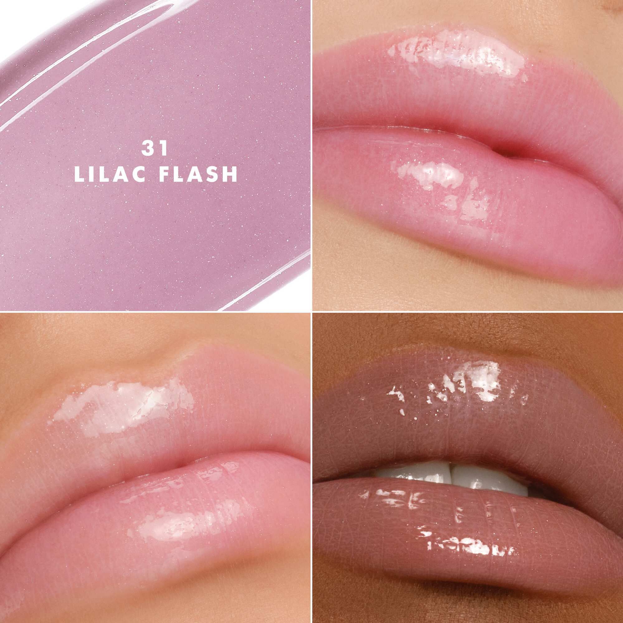 Armani Prisma Flash 31 Lilac Flash lippenstift op verschillende huidtinten, waardoor een lichtgevende roze glans wordt benadrukt.