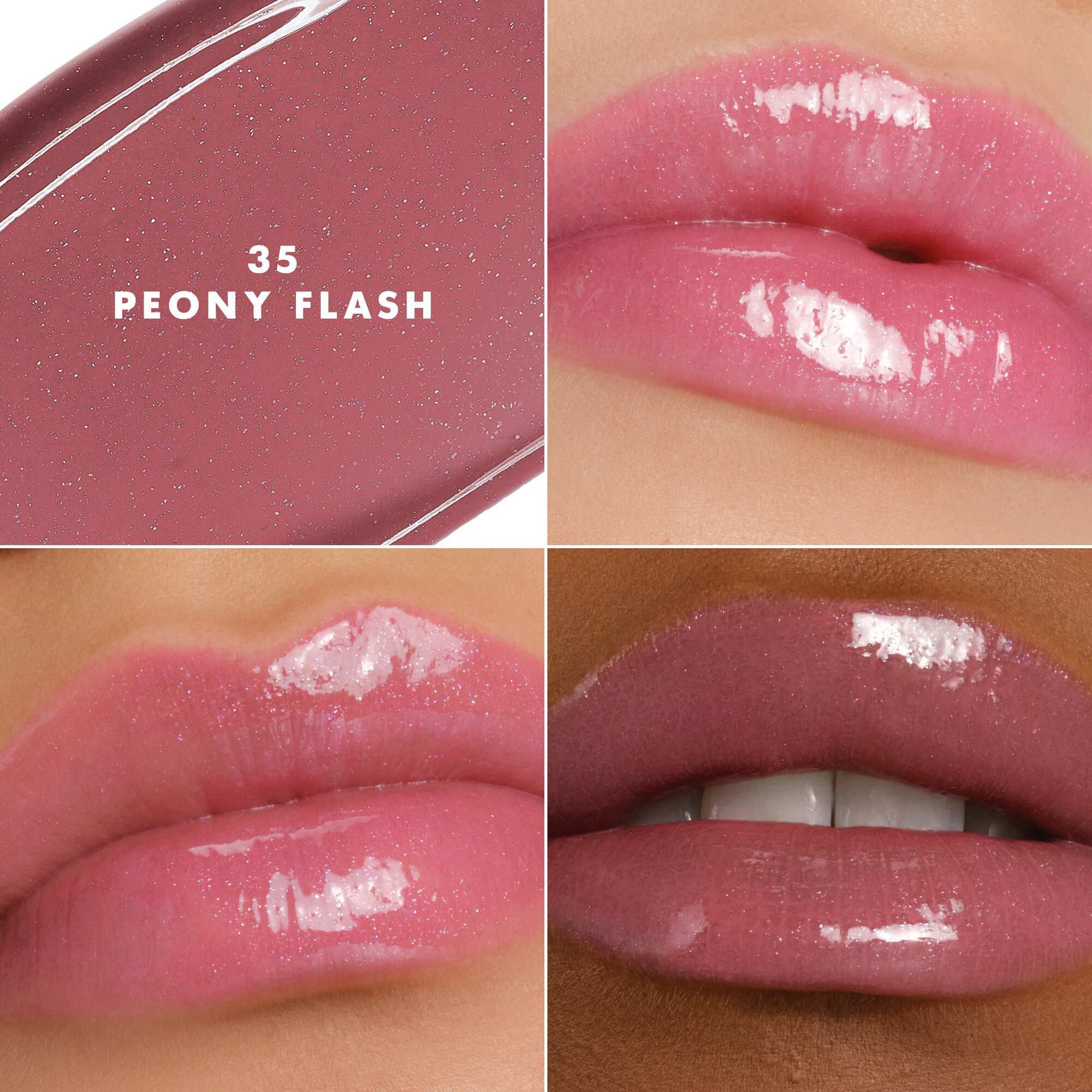 Armani Prisma Flash 35 Peony Flash lippenstift op verschillende huidtinten, waardoor een lichtgevende roze glans wordt benadrukt.