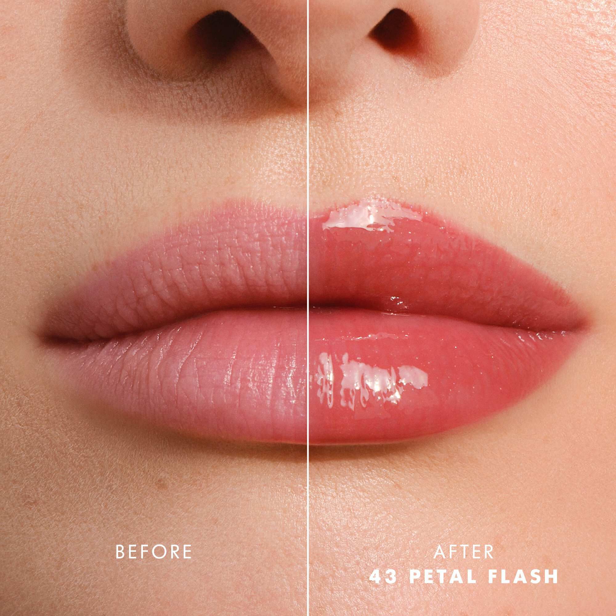 Voor- en nalippen met Armani Prisma Flash 43 Petal Flash, die een verbeterde glanzende roze kleur tonen.