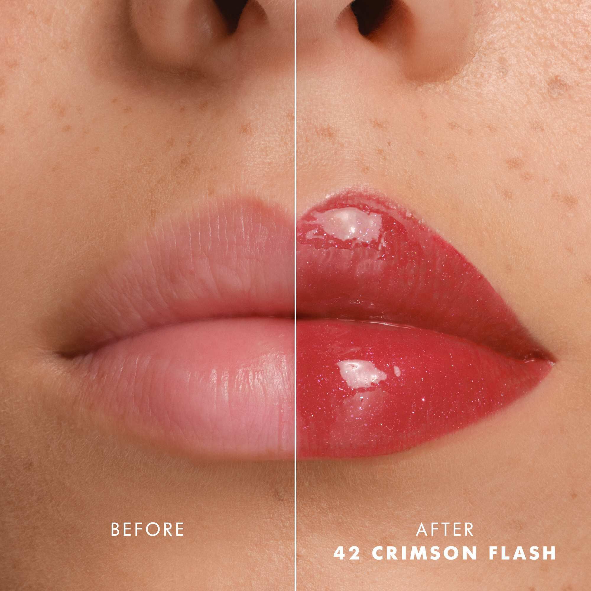 Voor- en nalippen met Armani Prisma Flash 42 Crimson Flash, die een verbeterde glanzende roze kleur tonen.
