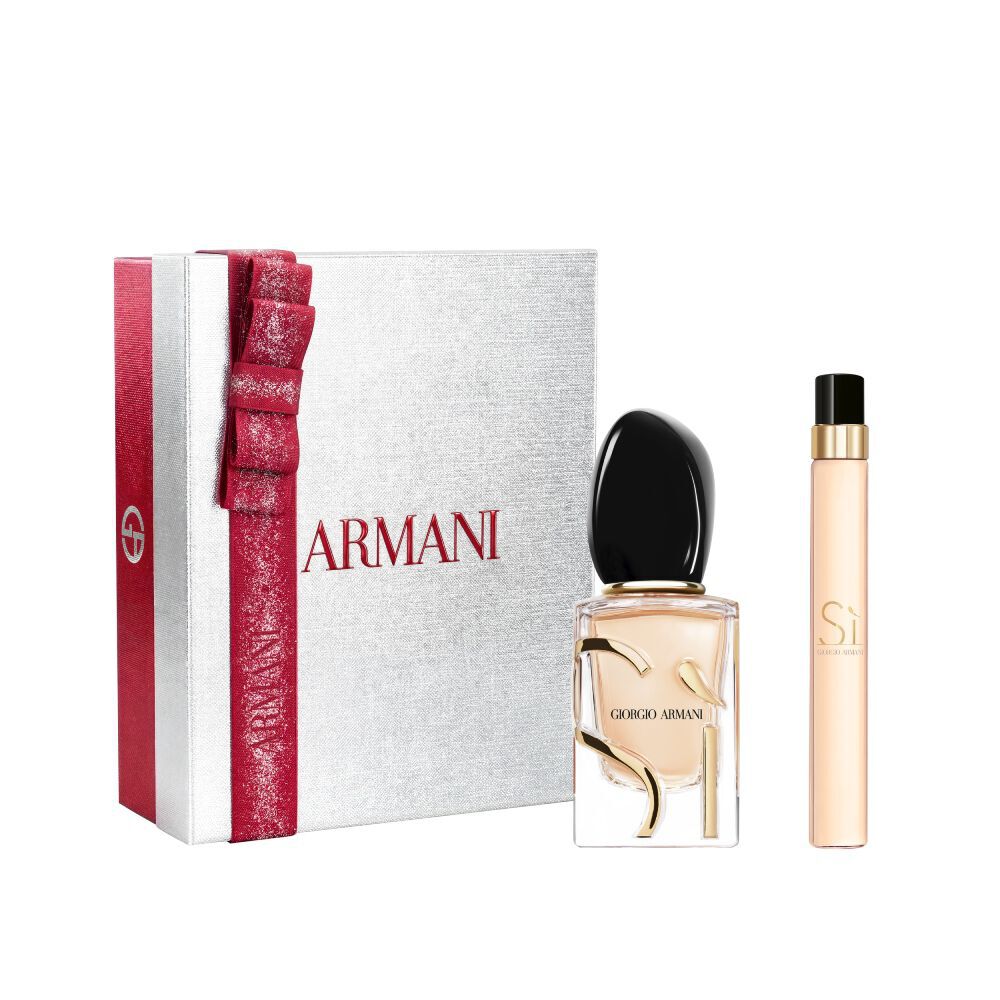 Si Eau de Parfum 30 ml en 10 ml in een strakke goudtintige fles, verstopt in een open witte Armani cadeaudoos met rood lint — dames bloemengeur-cadeauset.
