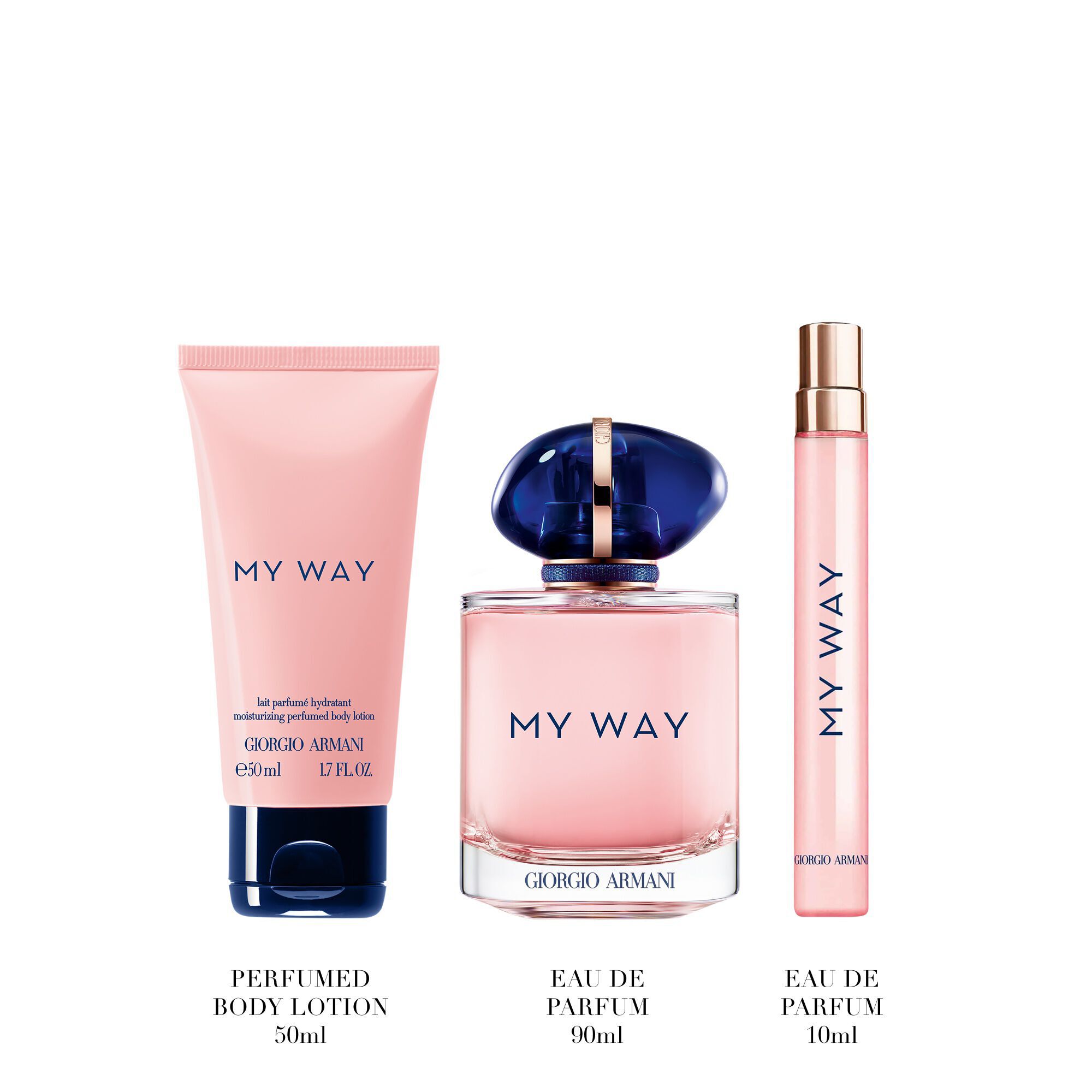 My Way Eau de Parfum 90ml geur, 10ml fles en 50ml geparfumeerde bodylotion rechtop staan — Giorgio Armani dames bloemengeur cadeauset met witte achtergrond.