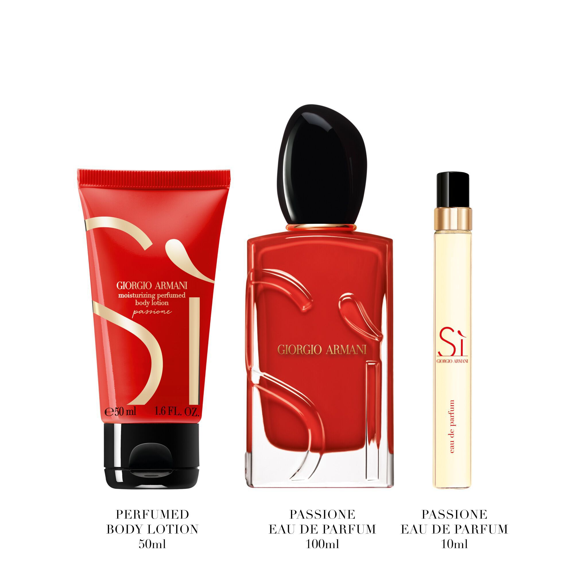 Si Passione Eau de Parfum 100ml, 10ml reismaat en 50ml geparfumeerde bodylotion rechtop staan — Giorgio Armani dames bloemenparfum cadeauset, witte achtergrond.