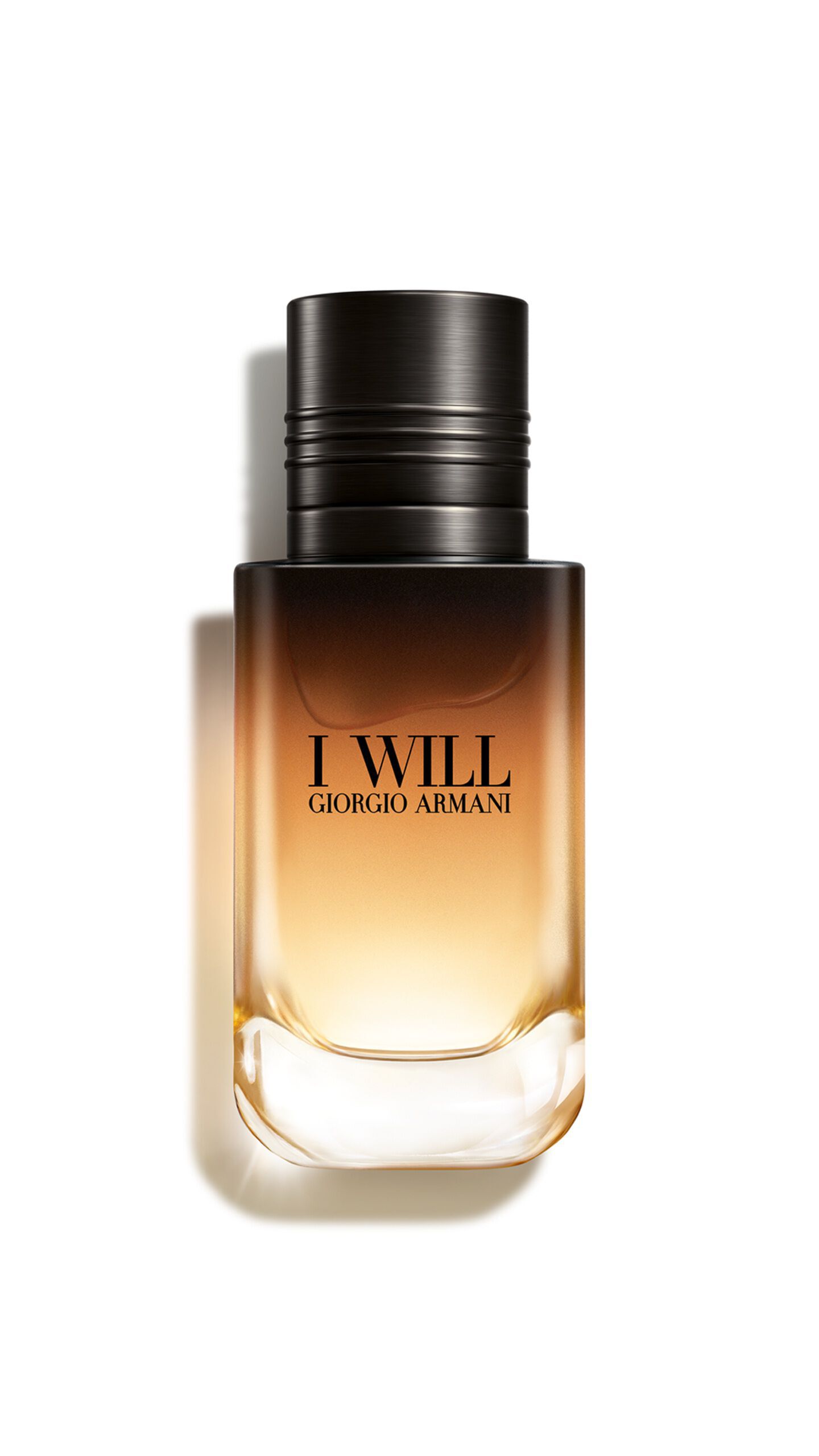 Giorgio Armani I WILL Eau de Parfum-flacon. Een navulbaar ontwerp met een verloop van zwart naar goud.