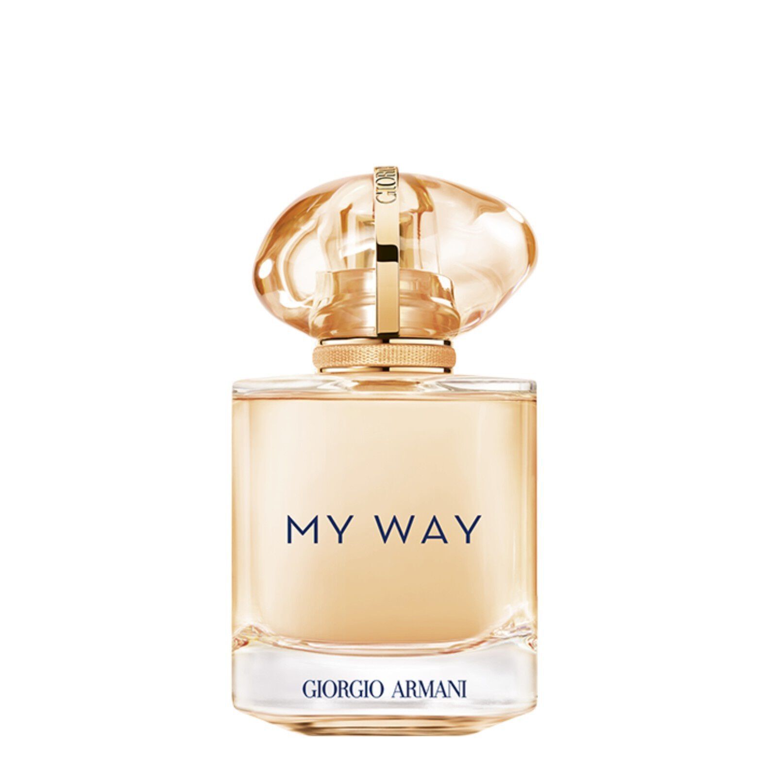 Giorgio Armani My Way Sunny Vanilla 30ml parfumfles op een roze witte achtergrond.