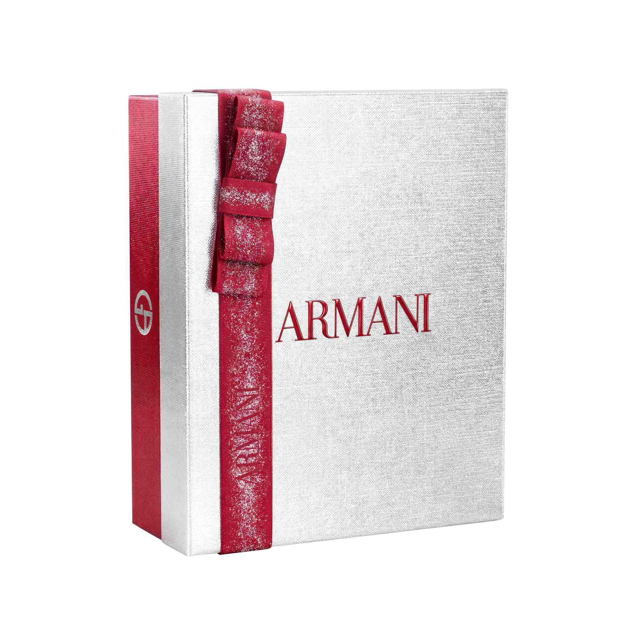 Armani beauty Holiday 2026 Gift Box, with red ribbon on a white background.