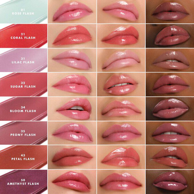 Armani Prisma Flash lippenstiftkleuren op lippen, waarbij levendige, glanzende kleuren over meerdere huidtinten worden getoond.