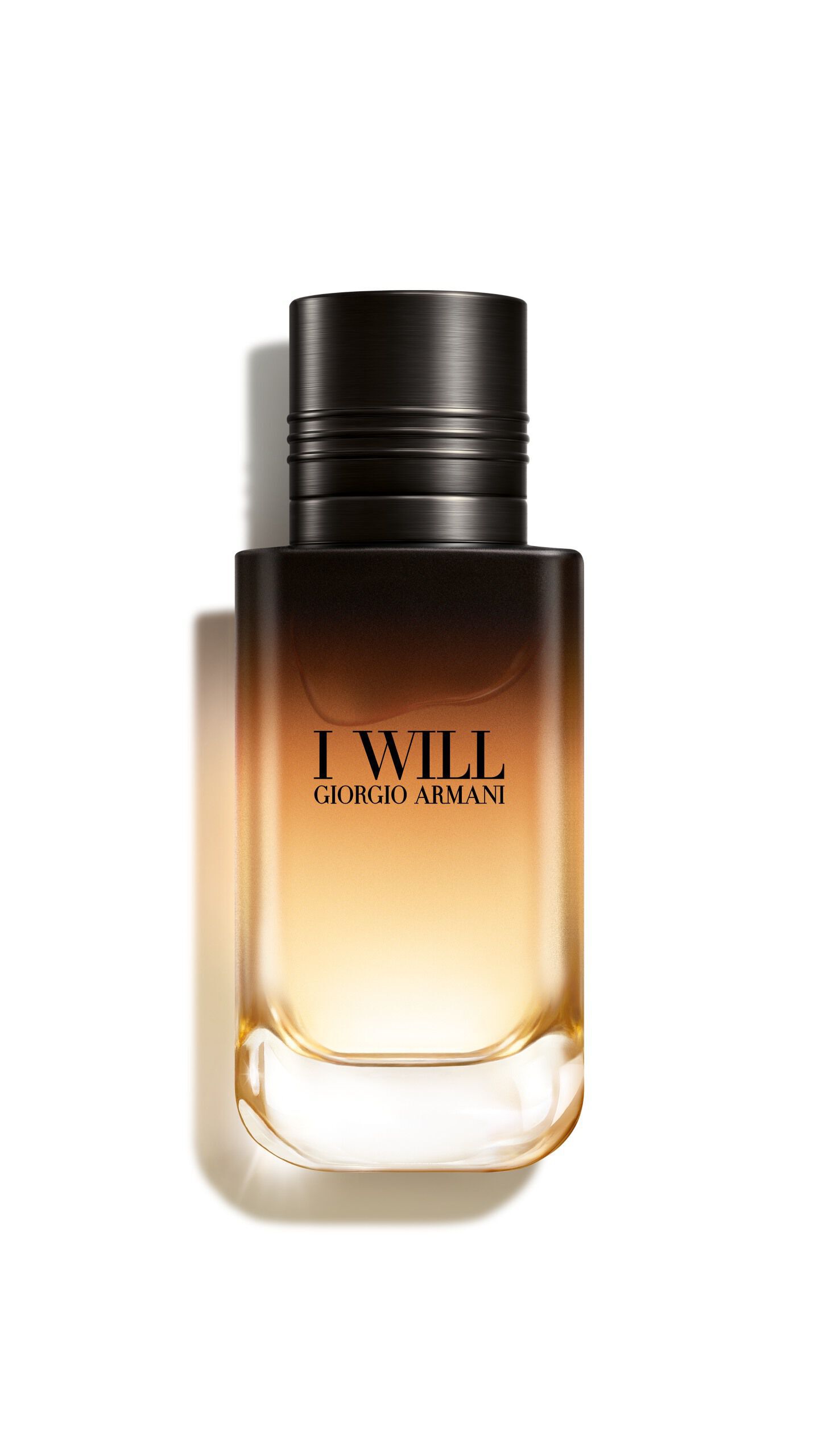 Giorgio Armani I WILL Eau de Parfum-flacon. Een navulbaar ontwerp met een verloop van zwart naar goud.
