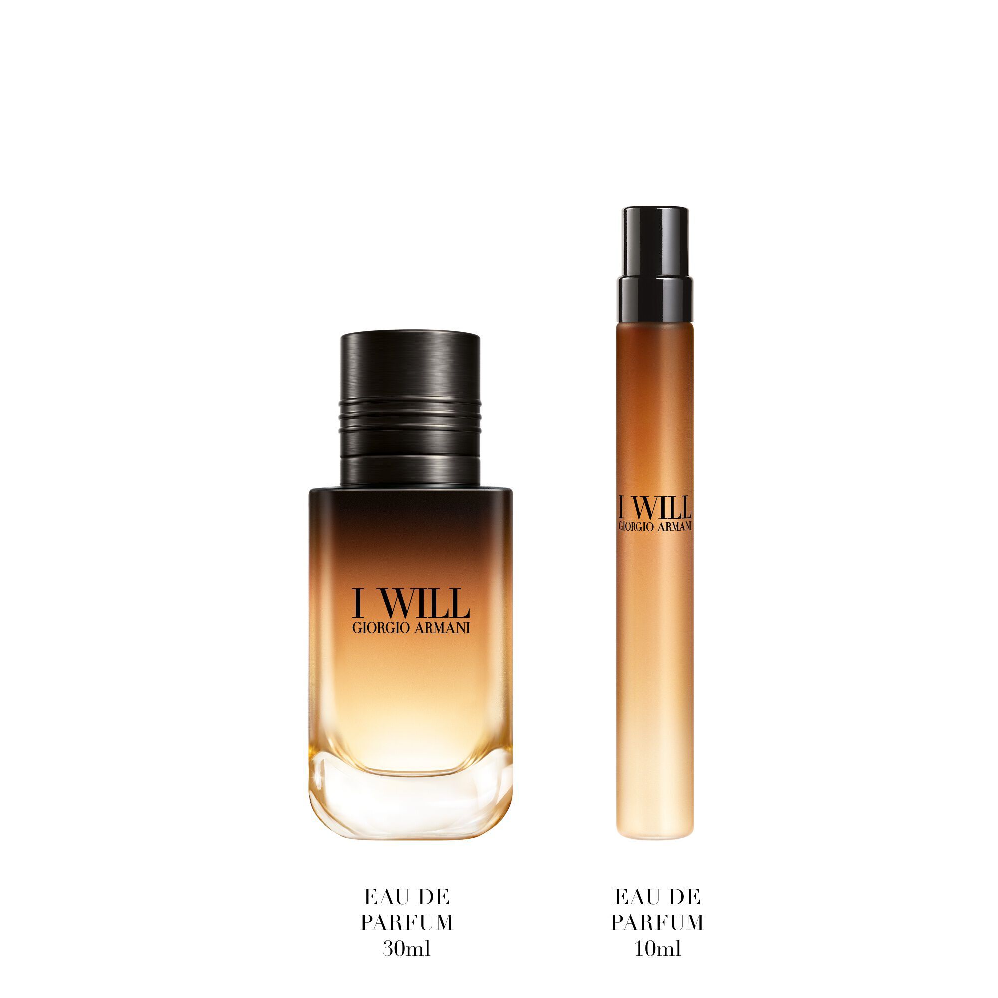 I Will Eau de Parfum 30 ml en 10 ml flesjes rechtop staan — Giorgio Armani herenparfum cadeauset, witte achtergrond.