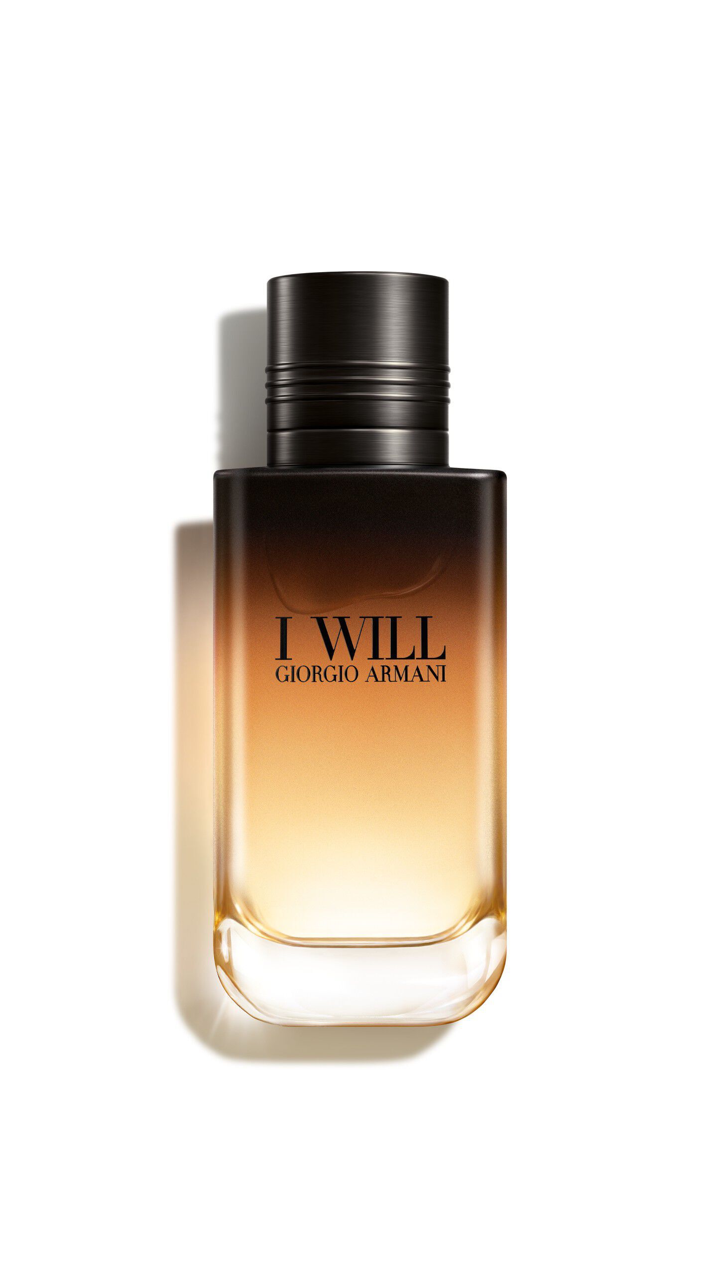 Giorgio Armani I WILL Eau de Parfum-flacon. Een navulbaar ontwerp met een verloop van zwart naar goud.
