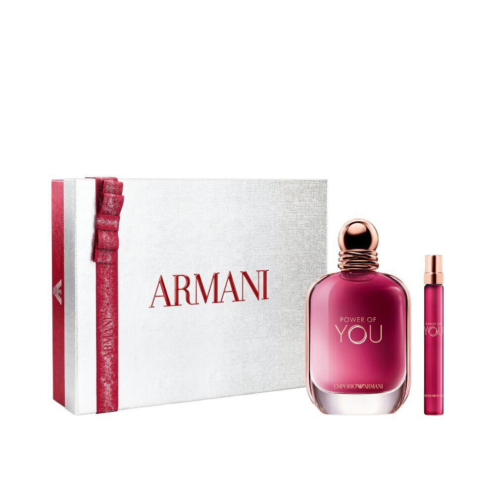 Power of You Eau de Parfum 90 ml en 10 ml in een strak robijnen flesje duo, genesteld in een open witte Armani cadeaudoos met rood lint — een bloemenparfum voor dames.