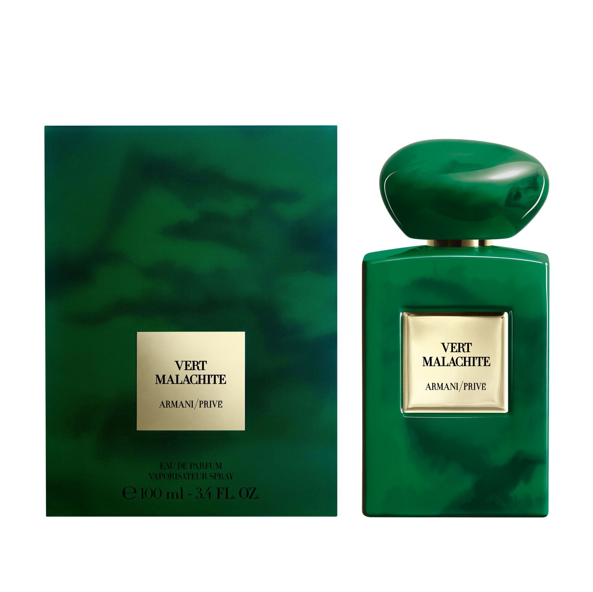 Armani/Prive Vert Malachite: luxueuze groene fles en verpakking, die de verfijnde elegantie en kunstzinnigheid van de collectie uitstraalt.