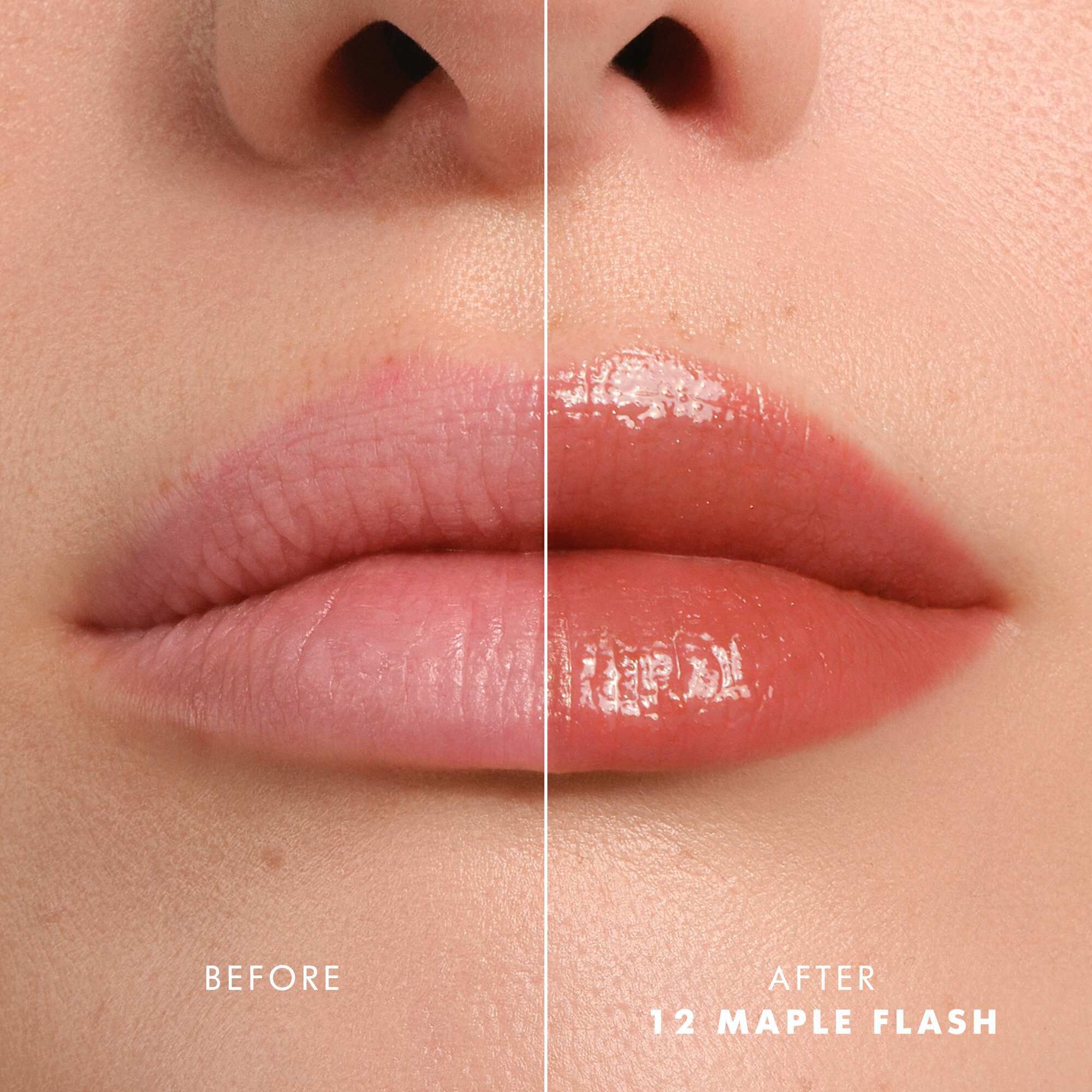 Voor- en nalippen met Armani Prisma Flash 12 Maple Flash, die een verbeterde glanzende roze kleur tonen.