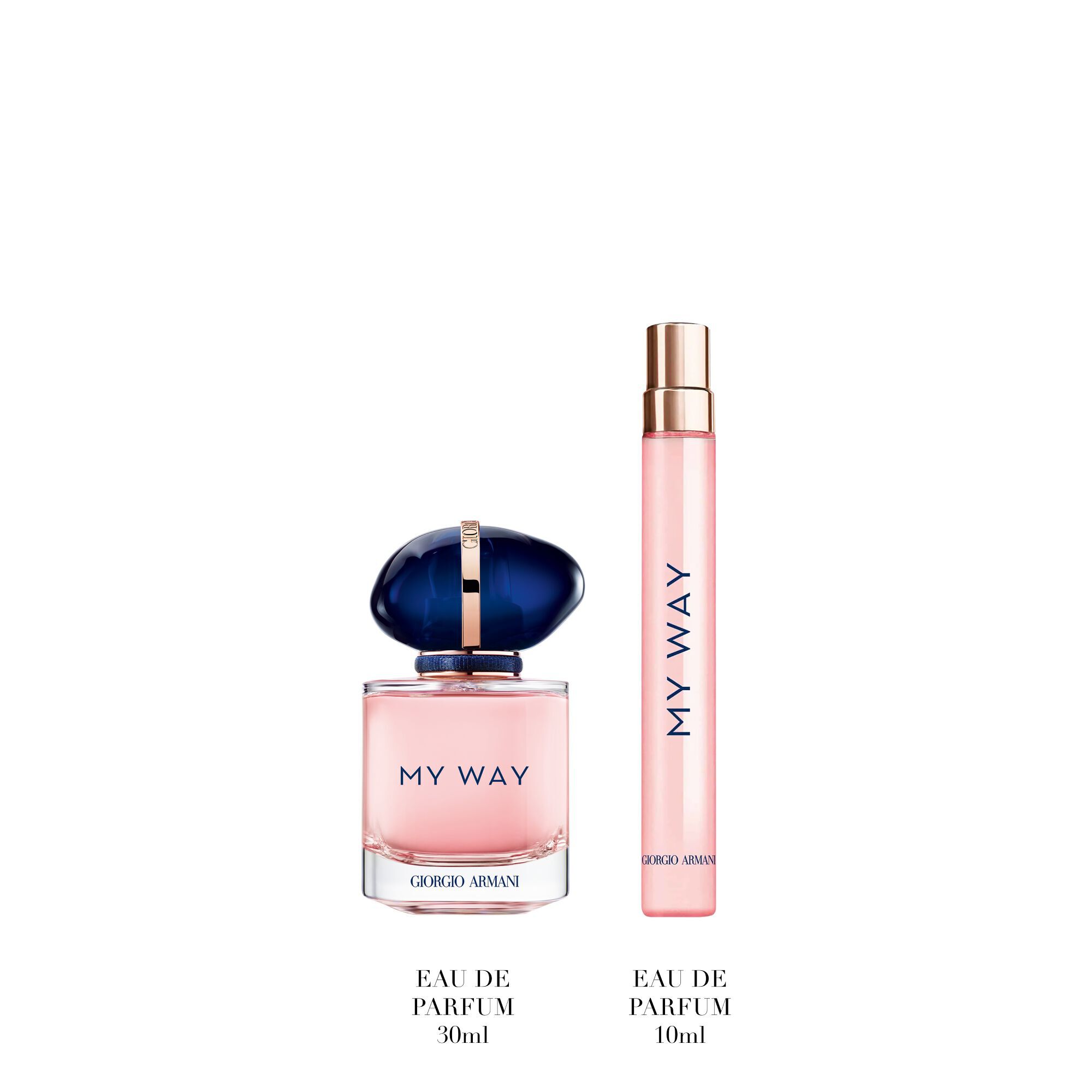My Way Eau de Parfum 30ml en 10ml, elegante blauwe flessen rechtop staan — Giorgio Armani damesgeur-cadeauset met bloemengeur, witte achtergrond.