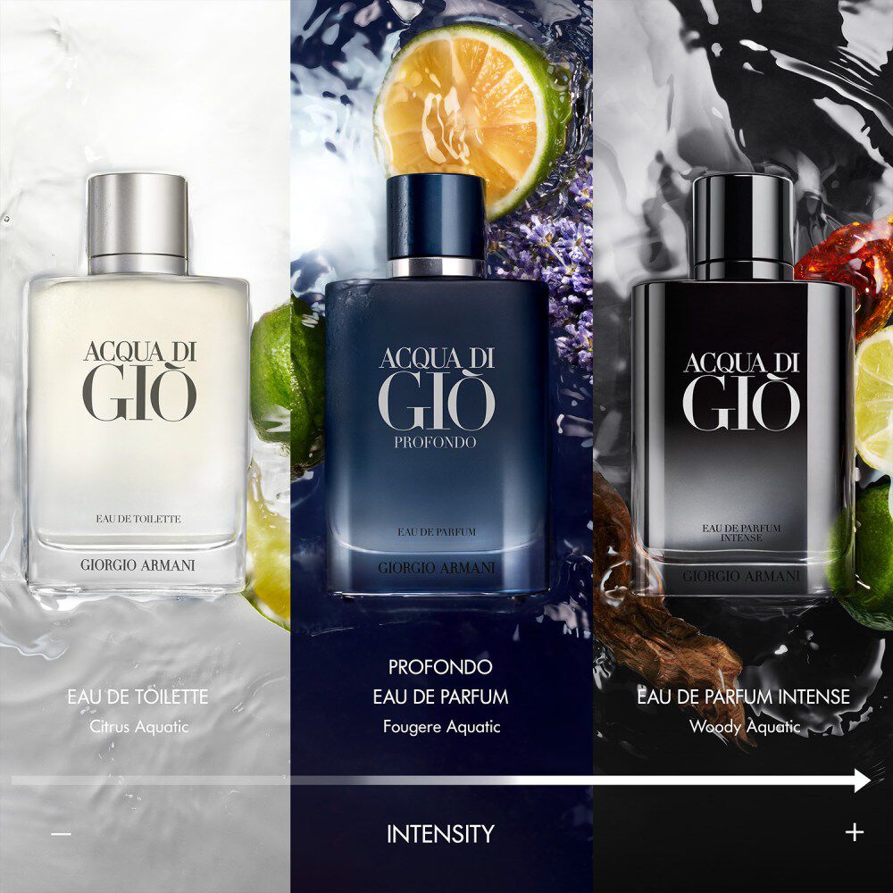Intensiteitskiezer voor de Giorgio Armani Acqua di Gio geurcollectie. Bevat Profondo, Eau de Parfum Intense en extra varianten voor heren.
