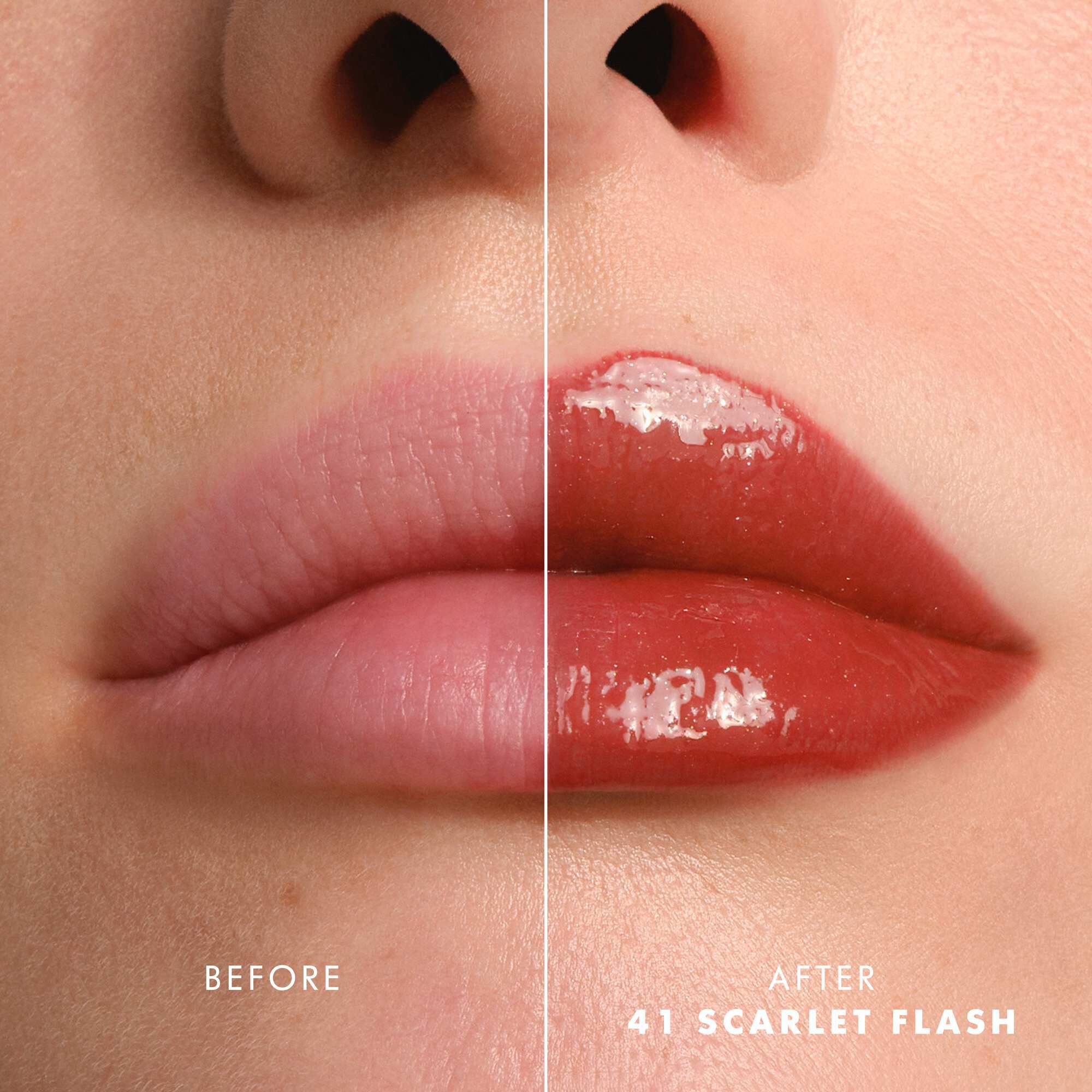 Voor- en nalippen met Armani Prisma Flash 41 Scarlet Flash, met een verbeterde glanzende roze kleur.