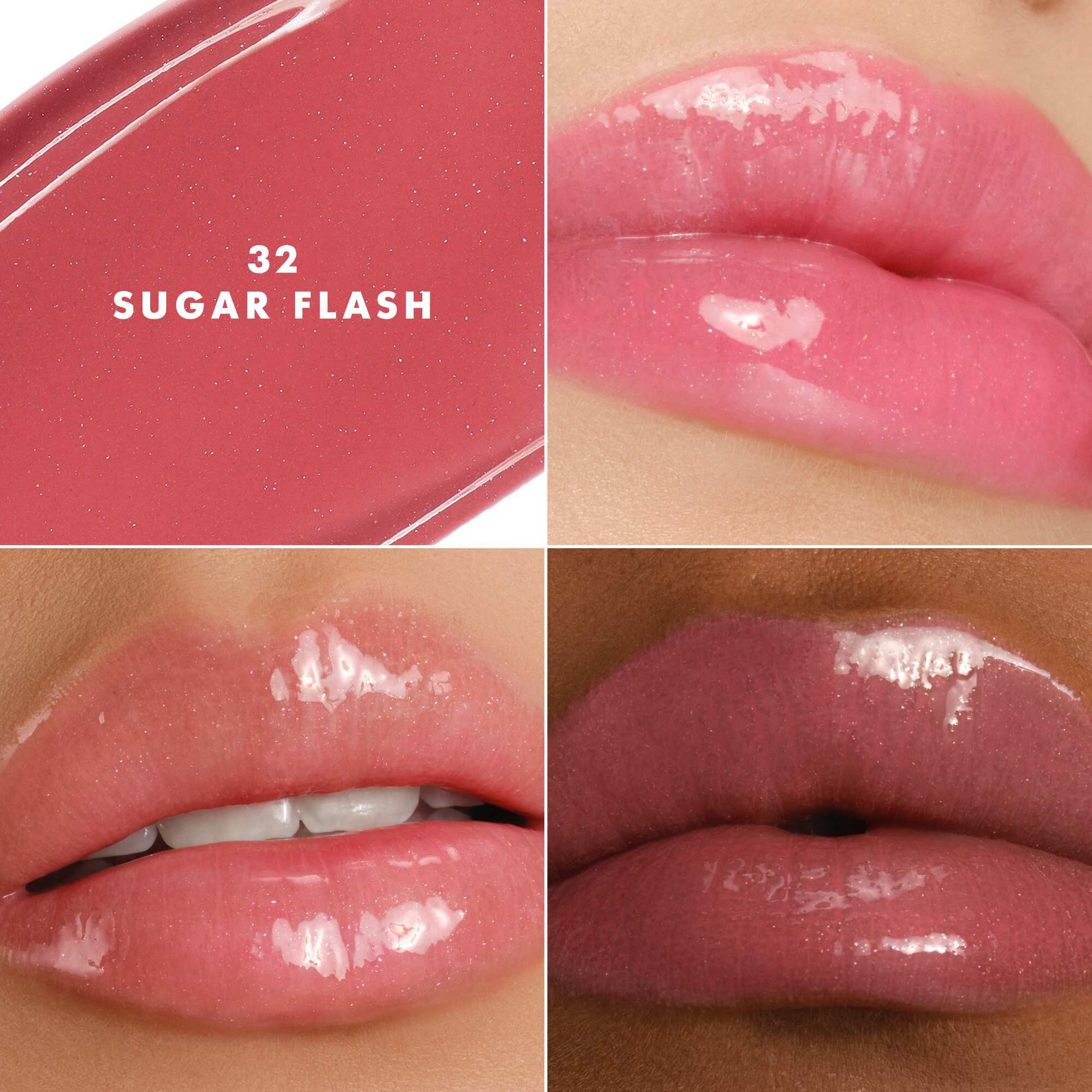 Armani Prisma Flash 32 Sugar Flash lippenstift op verschillende huidtinten, waardoor een lichtgevende roze glans wordt benadrukt.
