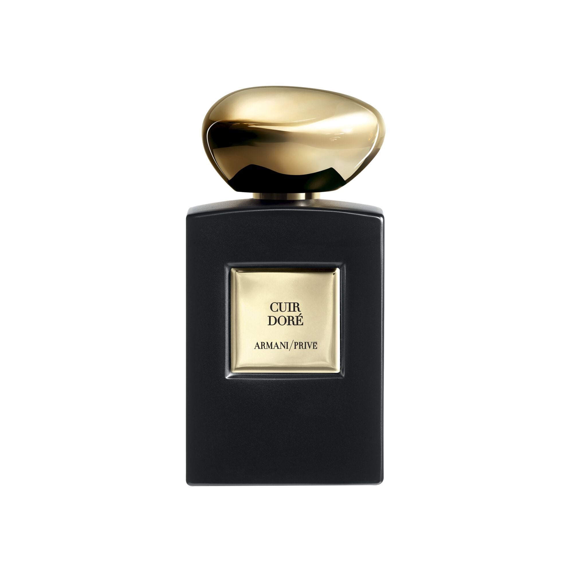 Armani/Prive Cuir Dore parfum in zijn zwarte fles met gouden dop.