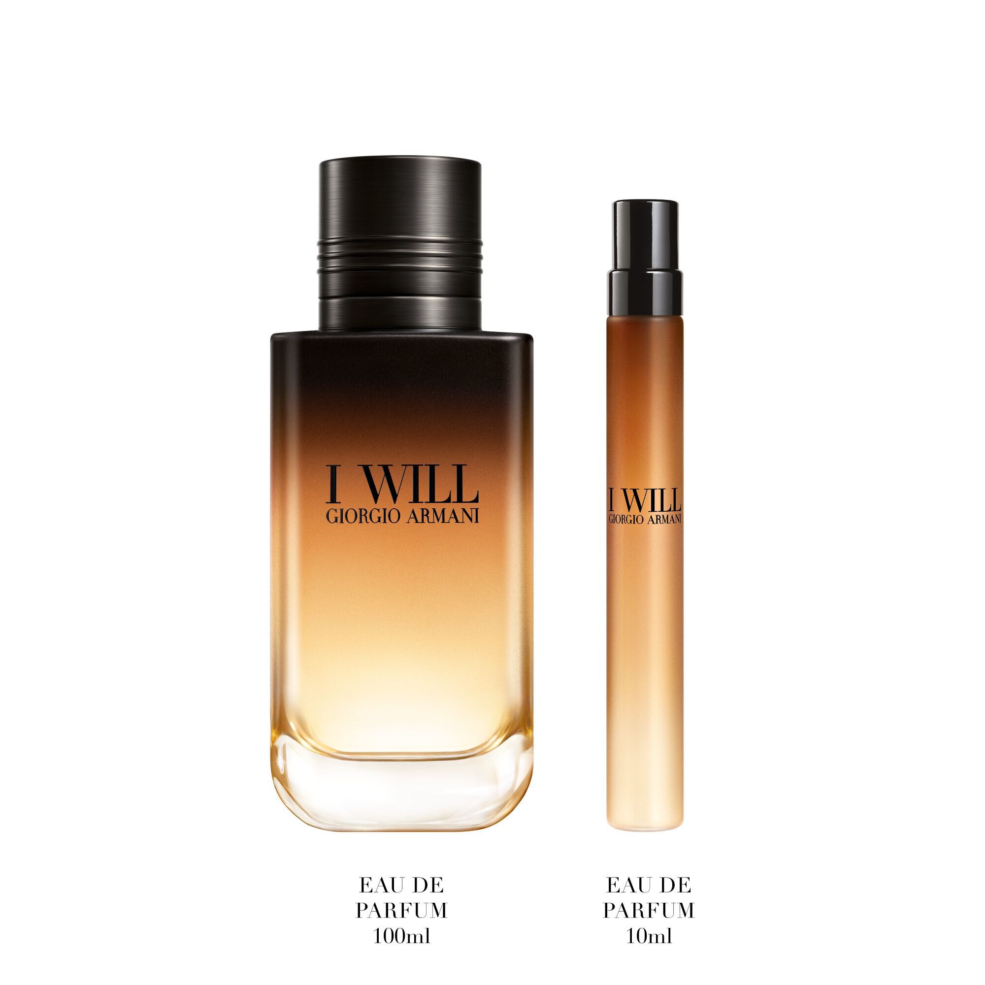 I Will Eau de Parfum 100 ml en 10 ml flessen rechtop staan — Giorgio Armani herenparfum cadeauset, witte achtergrond.